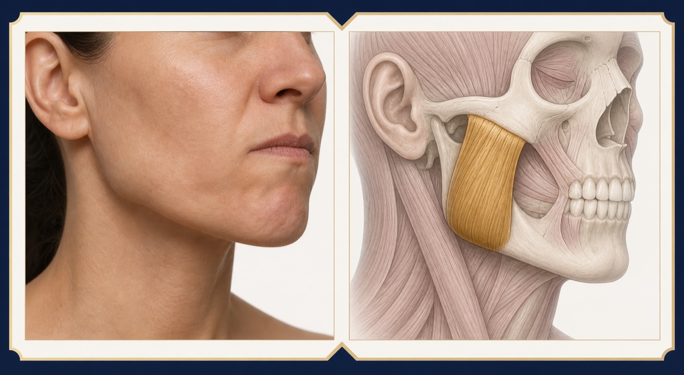 Clenched jaw beside a lateral anatomical illustration highlighting the masseter attached to the zygomatic arch and mandible
