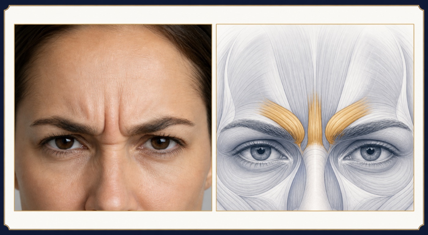 Frowning at the glabella beside an anatomical illustration highlighting the corrugator supercilii and procerus muscles